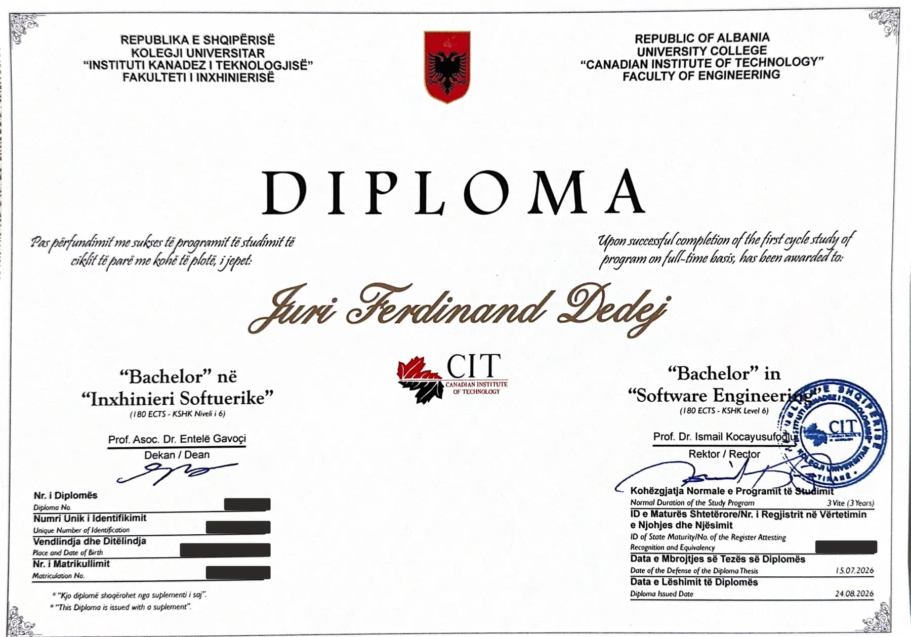 Diploma Bachelor në Inxhinieri Softuerike, Canadian Institute of Technology